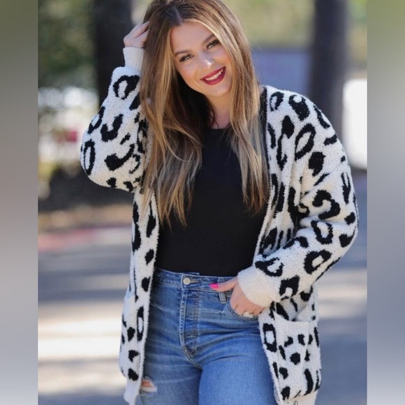ZESICA Leopard Black N White Print Knitted Cardigan Long sleeves Size L - Picture 8 of 16